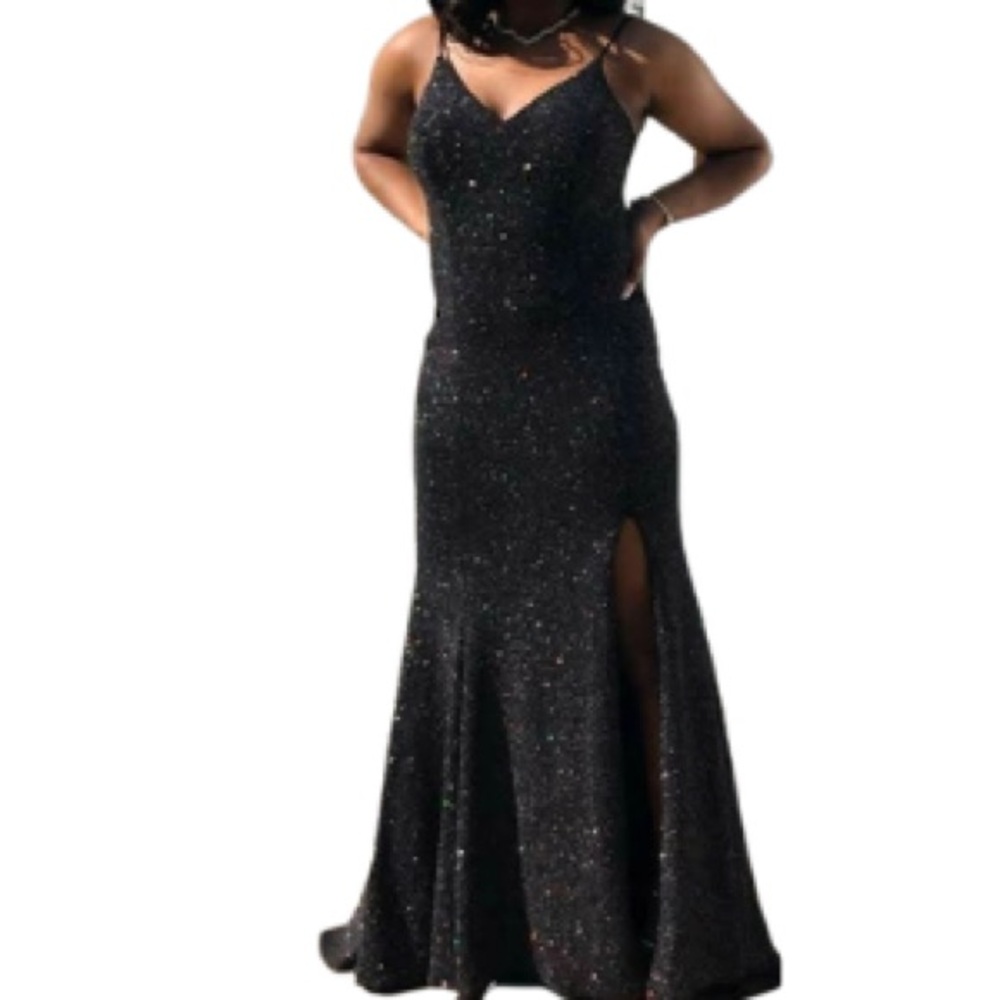 Fiesta Fashion Long Black Glitter V-Neck Mermaid High Slit Evening Gown Size M